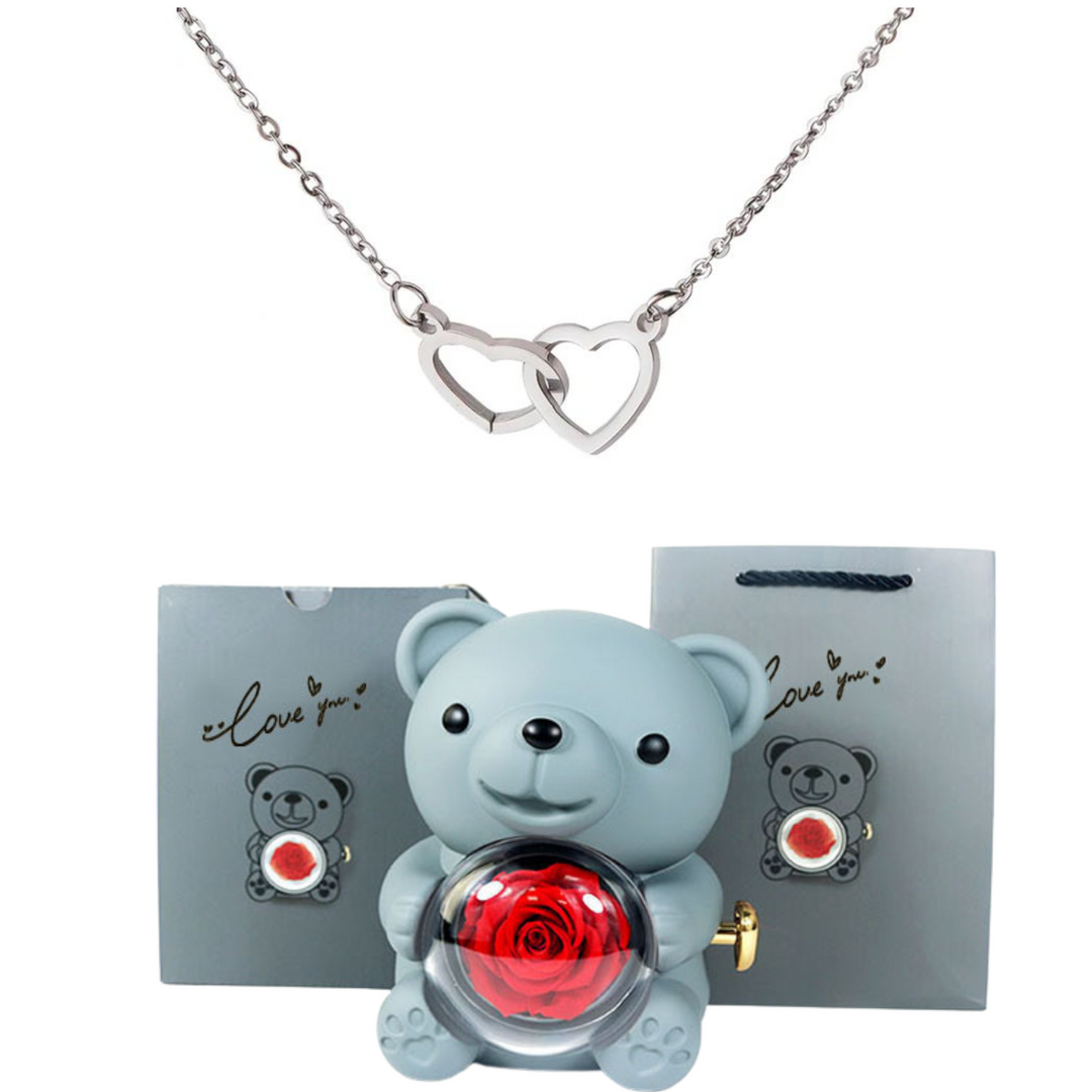 Eternally Preserved Rotating Rose Bear - W/ Engraved Heart Necklace