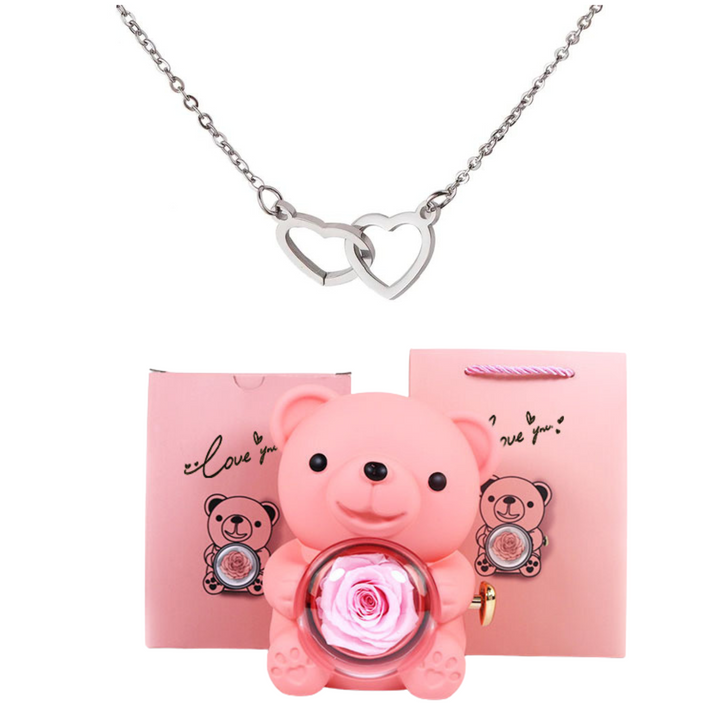 Eternally Preserved Rotating Rose Bear - W/ Engraved Heart Necklace