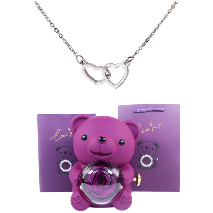 Eternally Preserved Rotating Rose Bear - W/ Engraved Heart Necklace