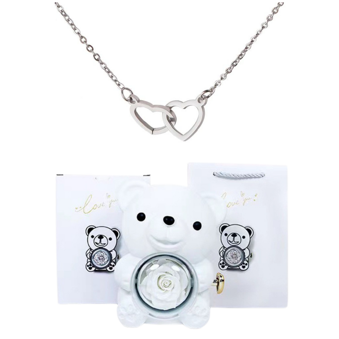 Eternally Preserved Rotating Rose Bear - W/ Engraved Heart Necklace