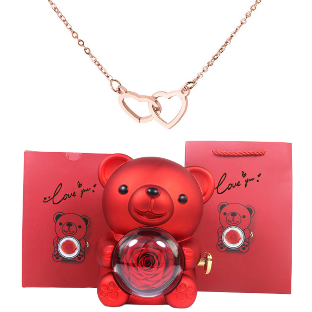 Eternally Preserved Rotating Rose Bear - W/ Engraved Heart Necklace