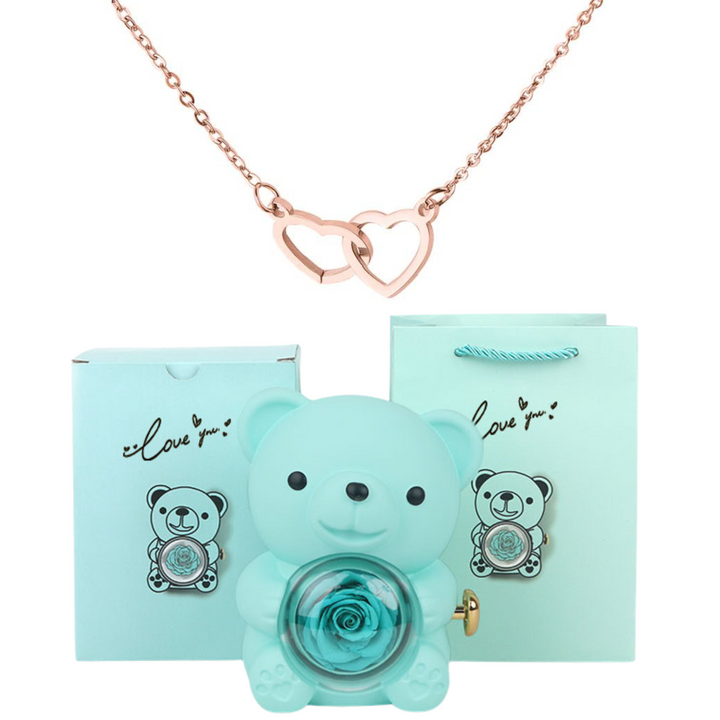 Eternally Preserved Rotating Rose Bear - W/ Engraved Heart Necklace