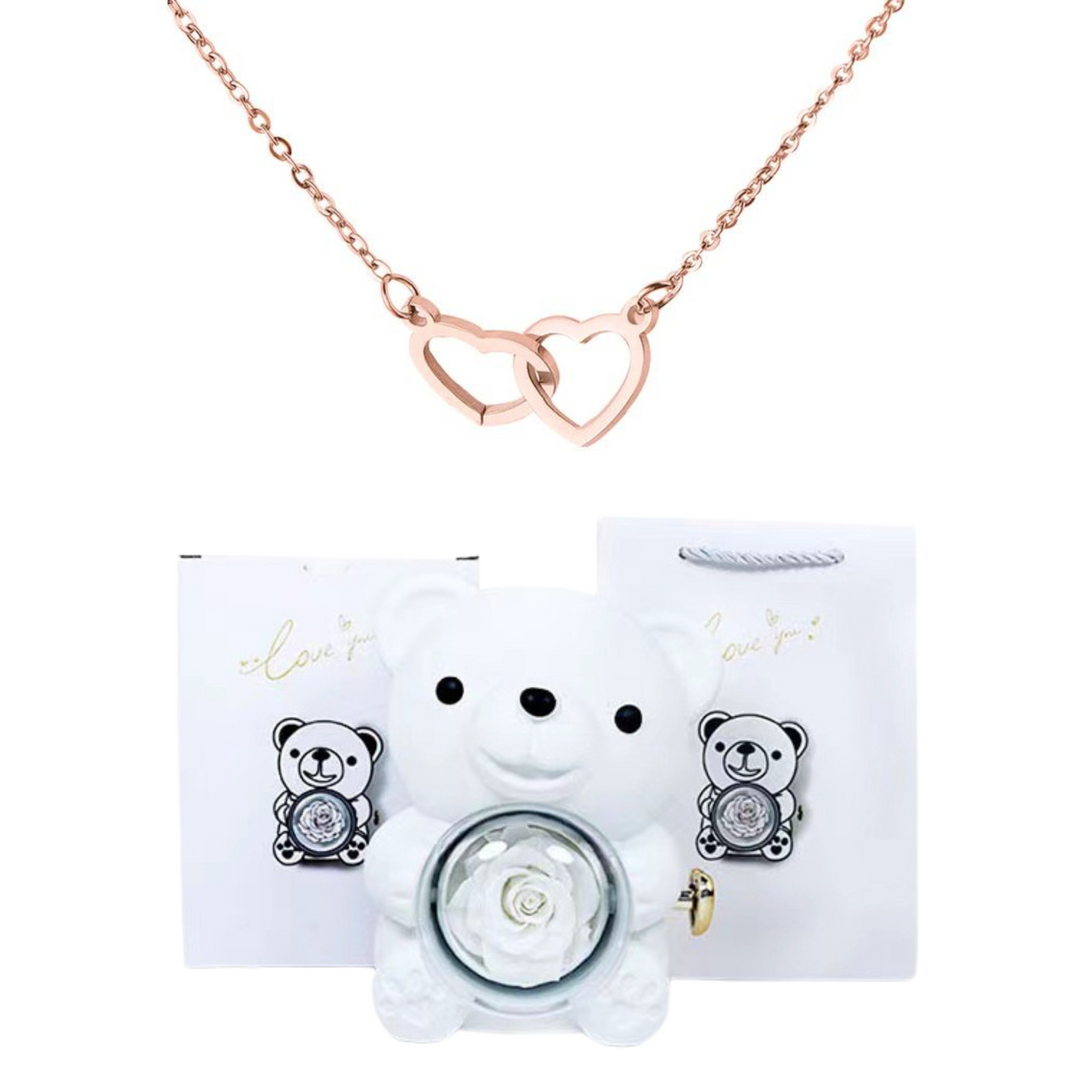 Eternally Preserved Rotating Rose Bear - W/ Engraved Heart Necklace