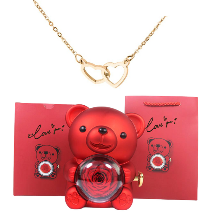 Eternally Preserved Rotating Rose Bear - W/ Engraved Heart Necklace