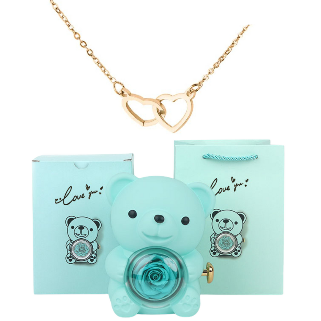 Eternally Preserved Rotating Rose Bear - W/ Engraved Heart Necklace