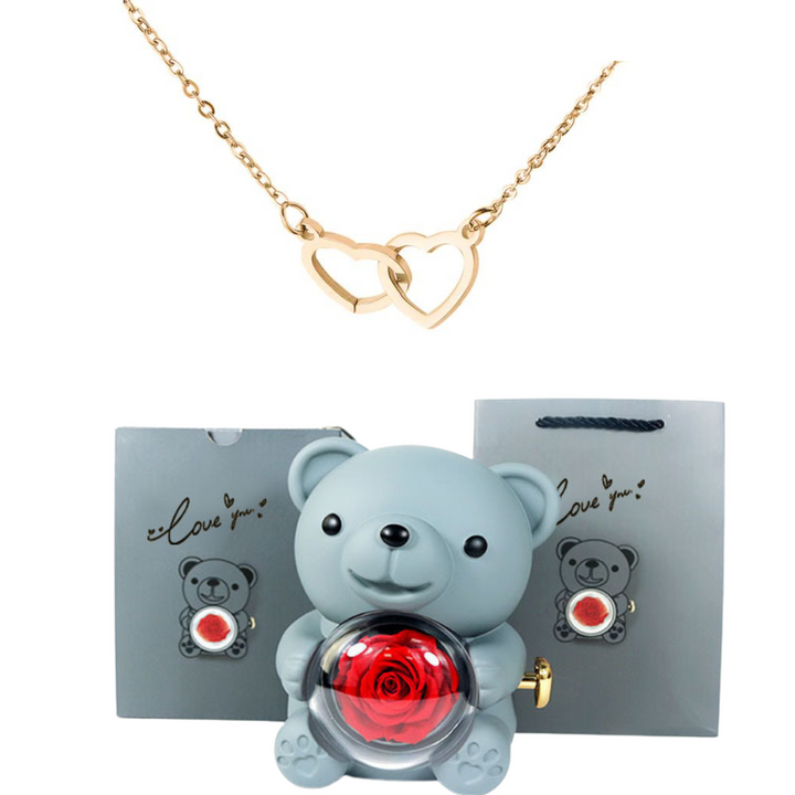 Eternally Preserved Rotating Rose Bear - W/ Engraved Heart Necklace