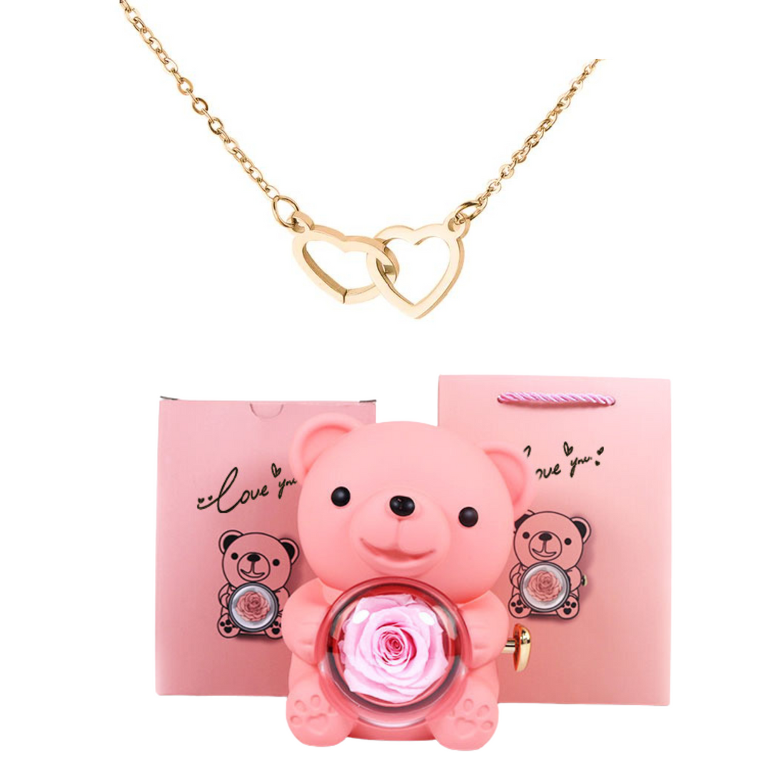 Eternally Preserved Rotating Rose Bear - W/ Engraved Heart Necklace