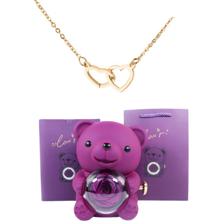 Eternally Preserved Rotating Rose Bear - W/ Engraved Heart Necklace