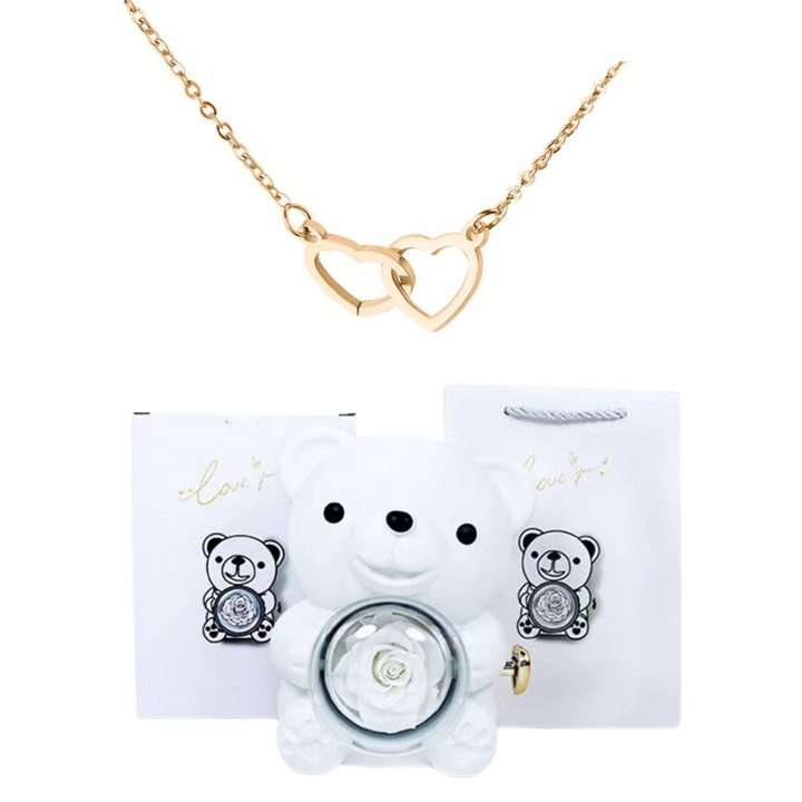 Eternally Preserved Rotating Rose Bear - W/ Engraved Heart Necklace