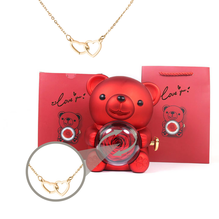 Eternally Preserved Rotating Rose Bear - W/ Engraved Heart Necklace